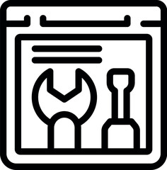 Simple black and white icon of a website under construction with wrench and screwdriver tools for web development
