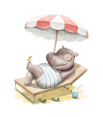 Cute cartoon little hippopotamus character animal in swimsuit clothes lies and relaxes on the beach under umbrella isolated on white background. Watercolor hand drawn illustration sketch