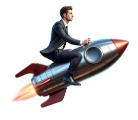 Businessman riding a rocket isolated on transparent background. Growth, Innovation and Entrepreneurial Spirit