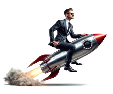 Businessman riding a rocket isolated on transparent background. Growth, Innovation and Entrepreneurial Spirit