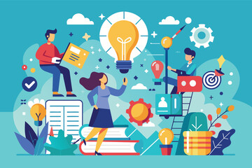 An illustration of a team brainstorming new ideas, with books, lightbulbs, and other creative elements symbolizing innovation and progress.