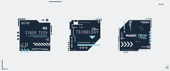 Abstract text boxes collection. Futuristic sci-fi HUD elements set. Hi-tech cyberpunk frames for text. Modern vector sci-fi banners. Technology design elements. © ikonstudio