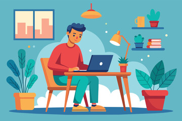 Fototapeta premium A man sits at a desk in a home office, working on a laptop. There are potted plants on the desk and shelves, and a window with a view of buildings in the background.