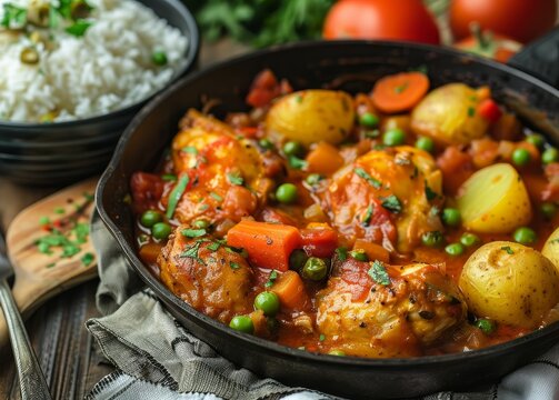 Chicken Afritada with vegetables and rice in a frying pan