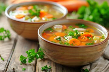 Chicken and parsley vegetable soup in two bowls placed horizontally