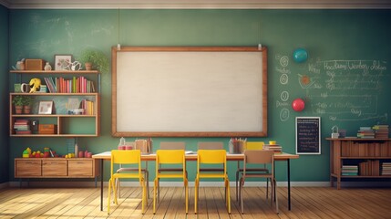 Bright classroom interior with empty chalkboard in modern school setting

