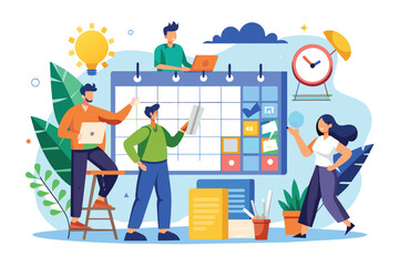 A team of four people plan their schedule around a large calendar with colorful post-it notes.