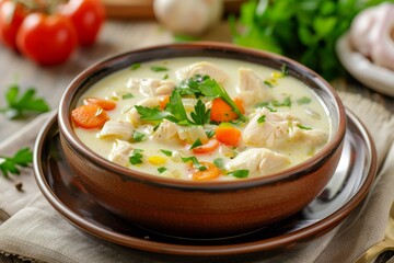 Chicken and vegetable cheese soup on a plate