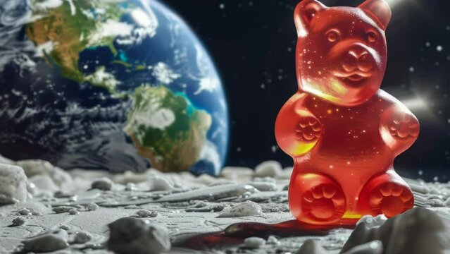 Gummy bear on the moon with earth in the background, whimsical space concept. Generative AI