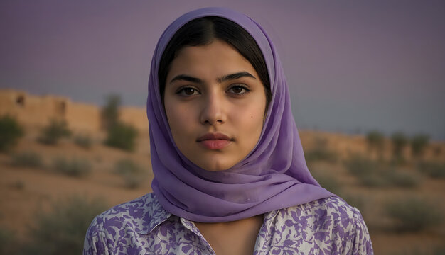 Adela, a 20 year old woman, arab, dressed in lavender blouse and head scarf.