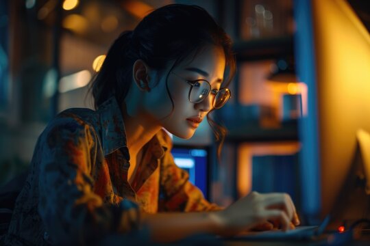 Attractive professional software developer coding program or engineering prompt. Skilled programmer typing computer and laptop while developing system with blurring background. Technology. AIG42.