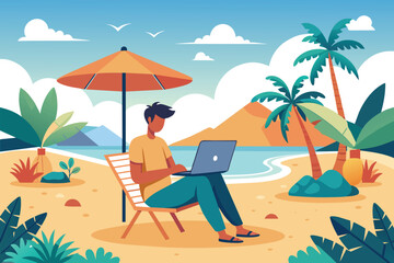 An illustration of a man sitting in a beach chair under an umbrella, working on a laptop on a sunny day at the beach.