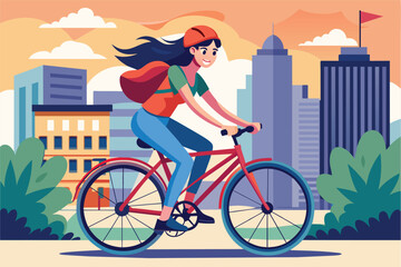 Fototapeta premium An illustration of a woman riding a bike down a city street, with tall buildings and trees in the background. The sun is shining and there are clouds in the sky.