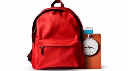Back to school essentials: red student backpack and school supplies isolated on a transparent background, top view, png format. Ideal for educational content and back-to-school promotions.

