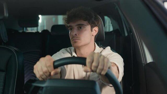 Frustrated stressed worried irritated angry Caucasian driver worry about traffic jam lateness business failure relationship breakup auto broken lost man problem sit in car automobile driving trouble