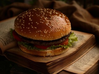 Hamburger with Renaissance theme, studio photography against dark background.
