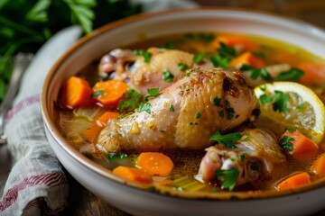 Chicken soup with diced vegetables and lemon slices served with boiled chicken drumsticks and herbs