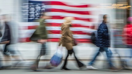 Obraz premium Blurred in motion, people walk to the voting point with the flag of the United States of America in the background.