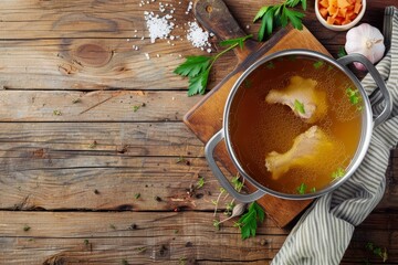 Chicken soup with meat in pot on table from above