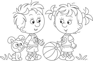 Funny little girl with her ball and a boy with his pup merrily talking and going to play on a playground in a park, black and white vector illustration for a coloring book