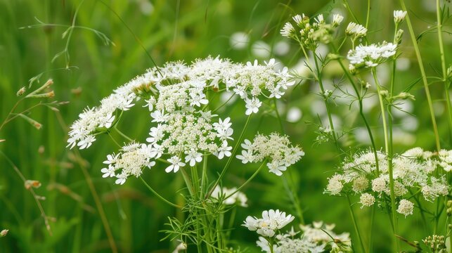 White flowers of Trachyspermum ammi in a Garden with an Ecological Twist A Summer Scene with Wild Ajowan Caraway Herb