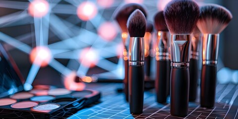 Makeup artist's workstation with brushes and cosmetics beside a neural network device. Concept Makeup Artist Workspace, Brush Set, Cosmetics Collection, Neural Network Device