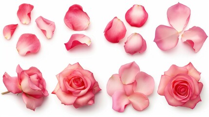 Set of beautiful pink rose flowers petals isolated on white background
