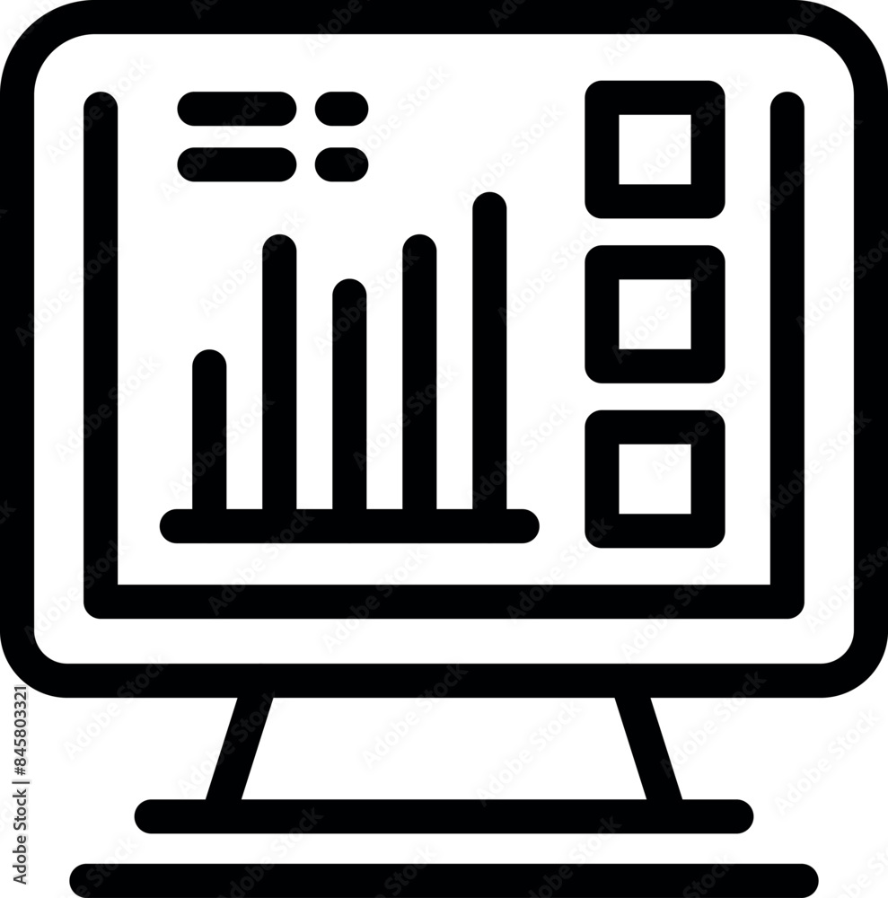 Poster simple line icon of a desktop computer displaying a statistical graph with bars, representing data a