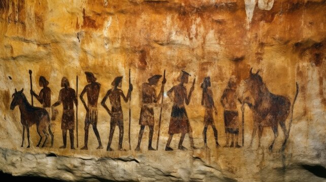 Abstract cave painting record about encounter or hunting wild animal with paleolithic period style. Stone age mural represent archeology education about art technique of prehistoric tribe. AIG35.