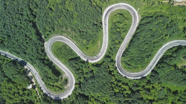 Aerial view of winding asphalt mountain road among green trees in summer.