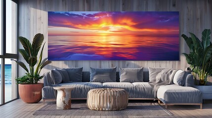 A large, panoramic canvas print of a sunset over the ocean, with vibrant hues of orange and purple reflecting on the water, creating a peaceful and captivating scene