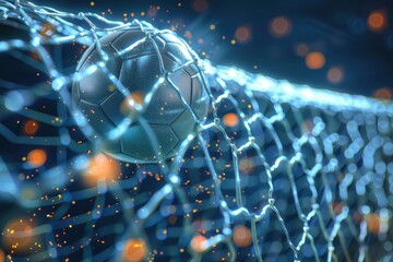 A digitally rendered soccer ball strikes a neon glowing net with spark effects, symbolizing technology and sports
