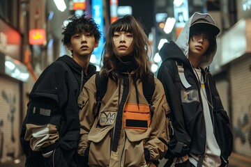 Fototapeta premium Young Japanese people posing with modern urban clothes in the street, streetwear, fashion editorial photography
