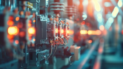 Fototapeta premium Sunlight hitting low voltage switchgear top view in a power plant with blurred background digital