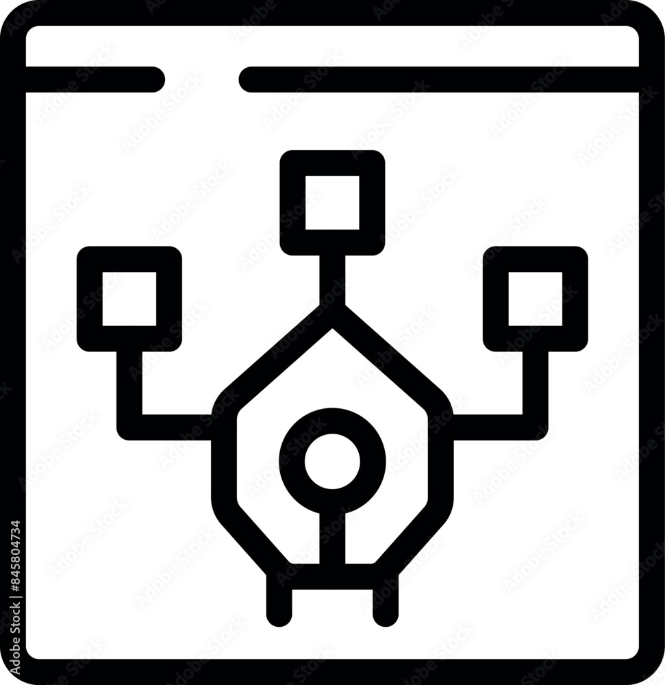 Poster line icon of a website displaying a data analysis system with a central hub connecting three data po