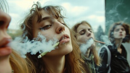 A group of young people smoke cannabis together with smoke