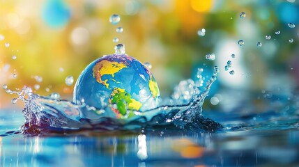 Saving water for the world, environmental protection concept, Earth globe with water droplets, vibrant colors and ecofriendly symbols, blurred background