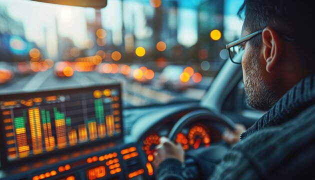 Driver in car with digital stock graphs