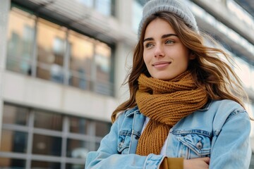 Outdoor shot of a woman wearing a beanie and scarf, looking thoughtfully away