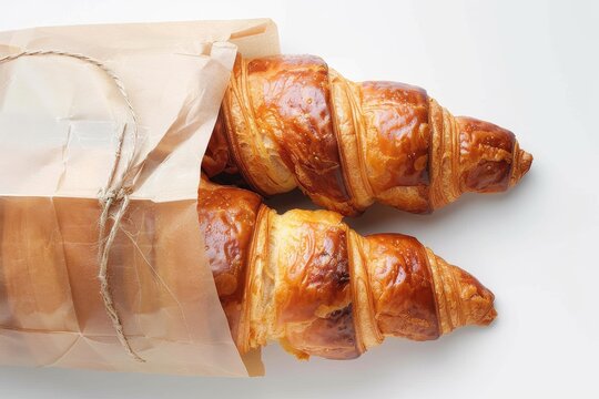 Golden croissants spilling out of a paper bag suggest a bountiful breakfast or snack option - Powered by Adobe