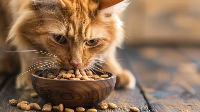Fluffy, striped ginger cat eating dry pet food from a wooden bowl close-up. Animal feeding, care and care. Copy space.