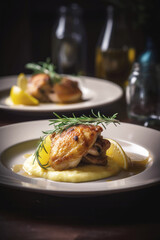 Crispy chicken thigh with lemon-rosemary sauce and truffled mashed potatoes on a plate, restaurant serving dish.