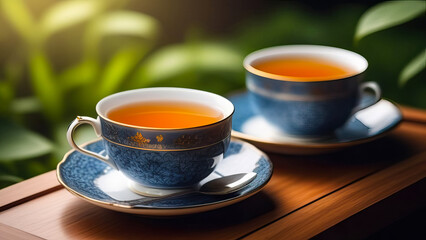 Cups of tea on a wooden table in the summer garden, International Tea Day concept