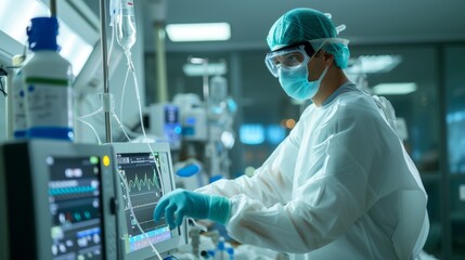 Doctor working in hospital patient room.