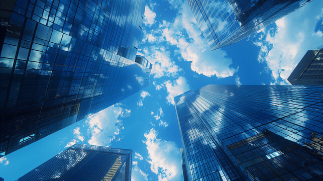 The tall buildings stand out against the background of the clear sky, reflecting light on their facades. This scene captures an urban landscape 