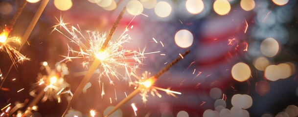 A banner with a blurred American flag in the background and sparklers burning on a white background USA holiday celebration with free space for text Generative AI