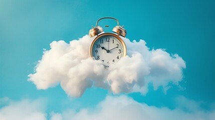 An old fashioned alarm clock on a fluffy white cloud on a blue background