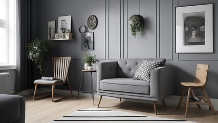 Modern beautiful living room interior with grey wall, sofa