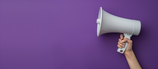 Male hand with a white loudspeaker on a purple background. Copy space. Outdoor activities, public events and rallies.