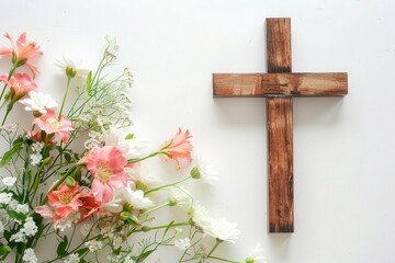 christian wooden cross with flowers on white background funeral invitation template